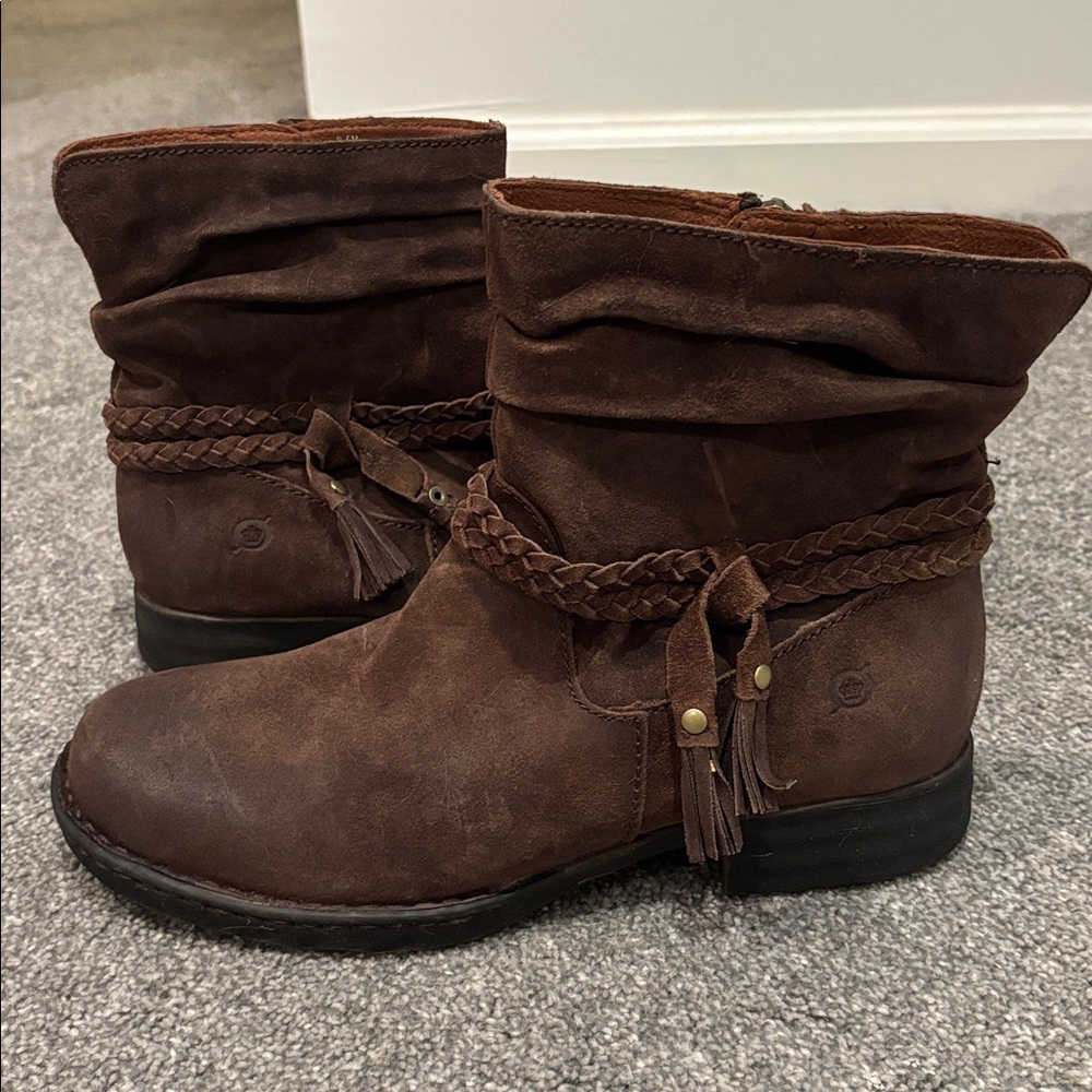 Born Brown Leather Ankle Boots with Braided Detail and side zipper
